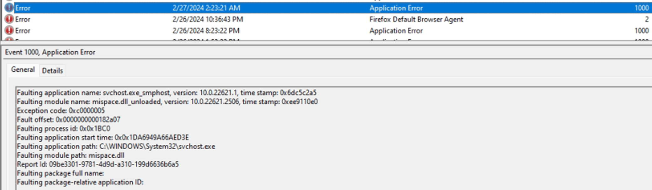 Tons of exception code 0xc0000005 svchost exe faulting mispace dll