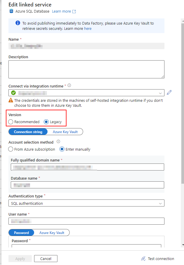 linked service connection version