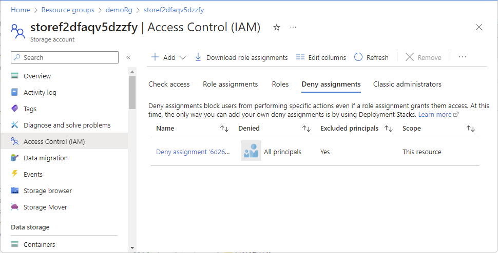 Screenshot of Access control (IAM) page and Deny assignments tab that lists deny assignments at the selected scope.