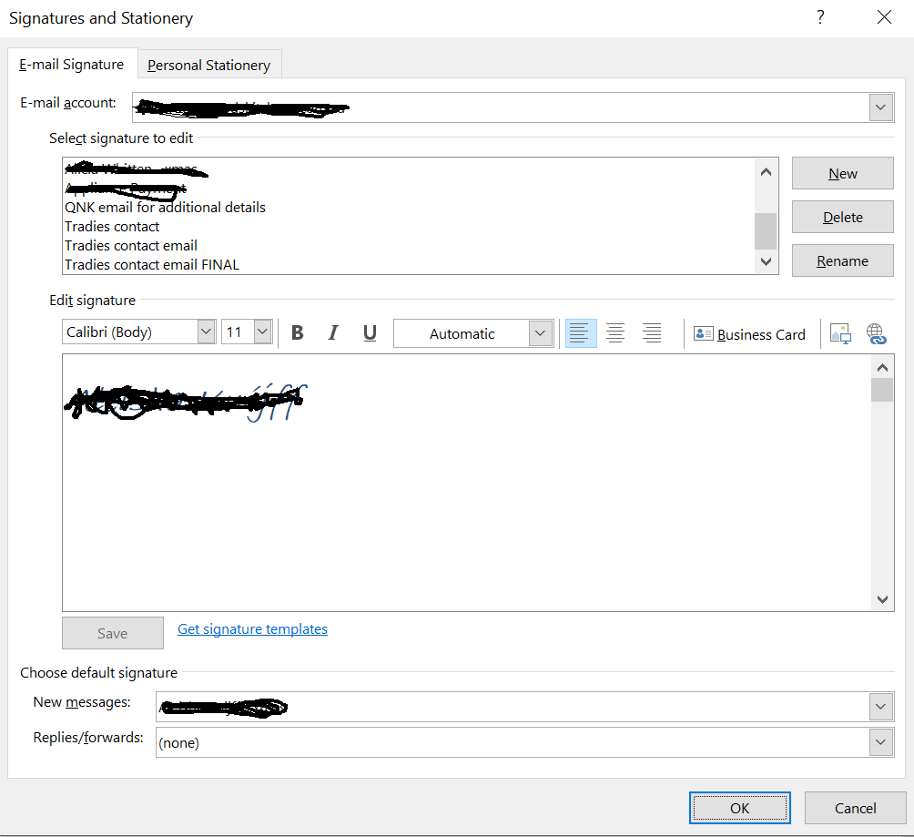 Signatures available in drop down menu but NOT appearing in 