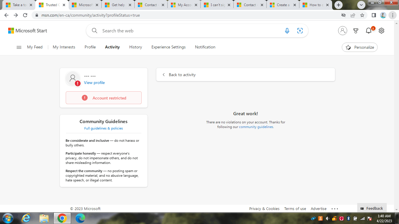 How do I remove a restriction on my account or profile in the Microsoft ...