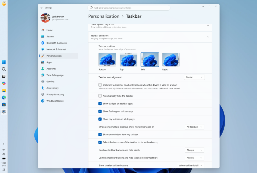 Screenshot of the new Settings > Personalization > Taskbar page showing the taskbar position options.