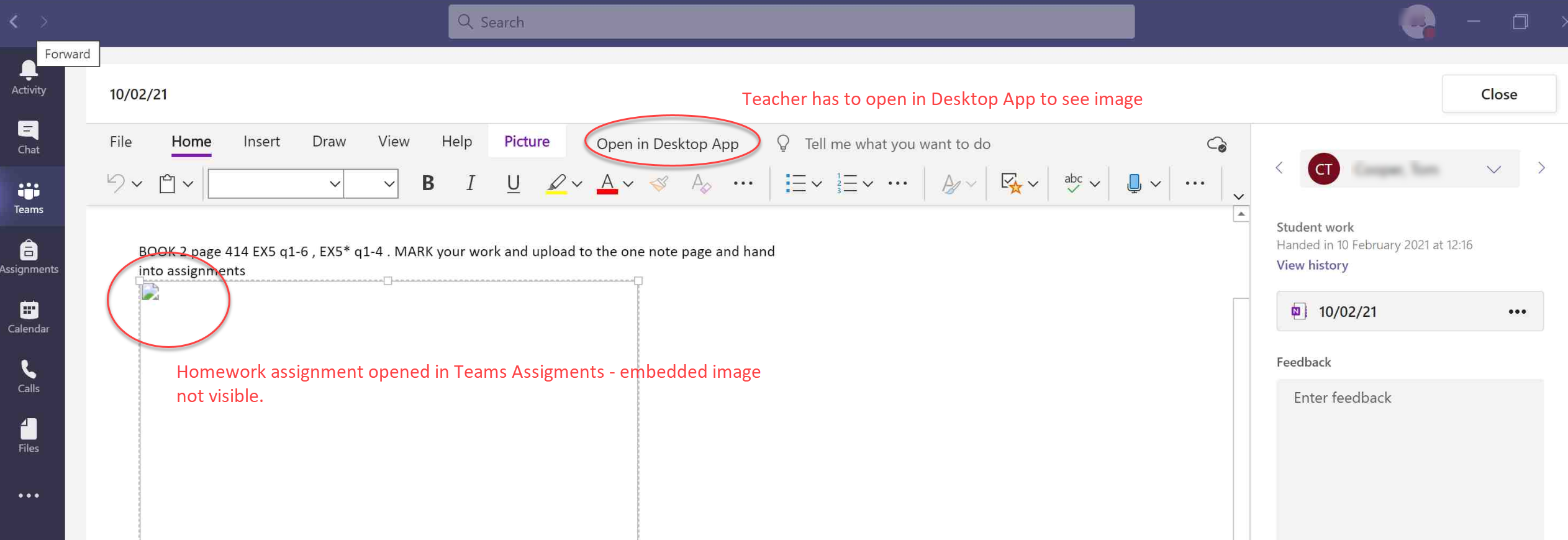 Microsoft Teams Assignments embedded image in OneNote not showing ...