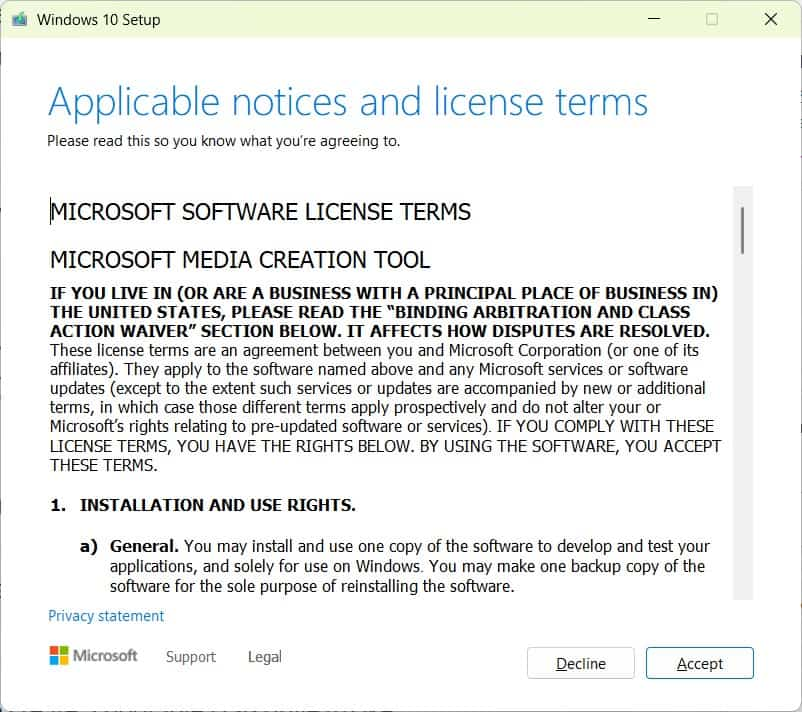 Accept Terms of Media Creation Tool Windows 11