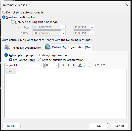 Can I set up an out of office automatic reply for only those outside of ...