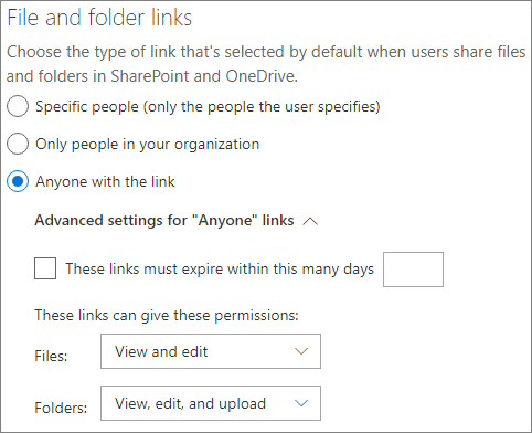 Screenshot of SharePoint organization-level files and folders sharing settings.