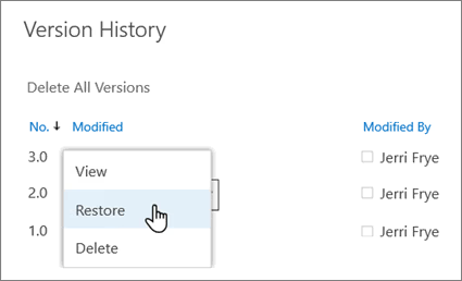 Select 'Restore' from the drop-down menu for a selected document version