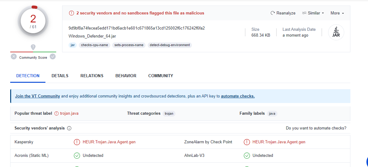 suspicious program called Windows_Defender_64.jar found in task manager ...