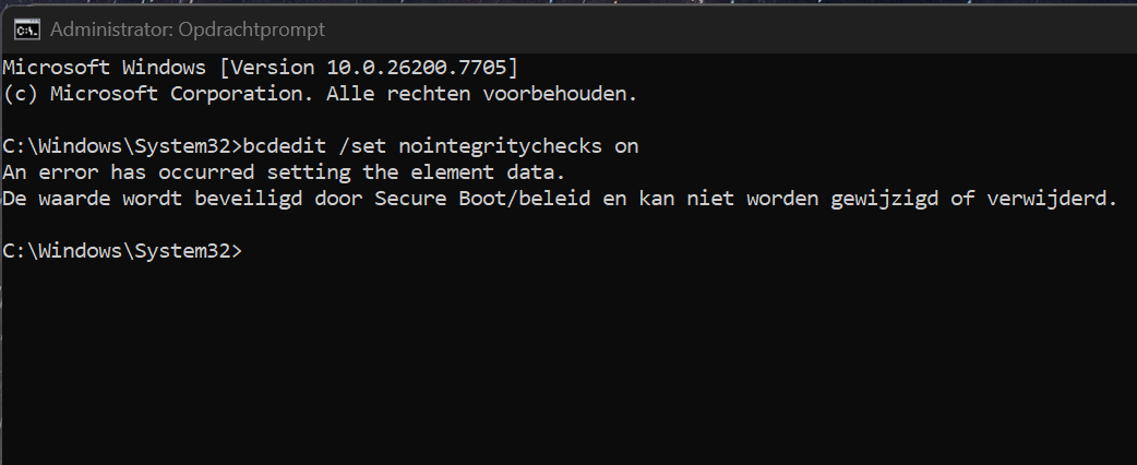 Bcdedit werkt niet