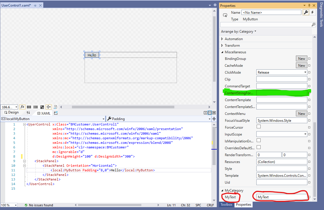 Wpf user control property appears not empty in visual studio xaml