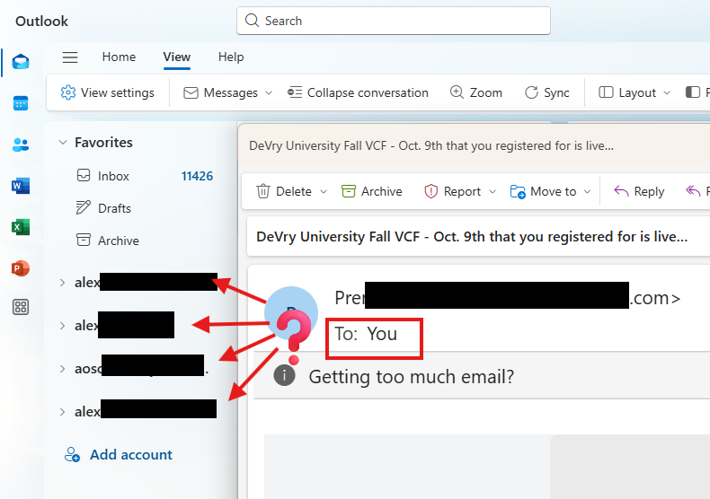 New Outlook received email messages are always To: 