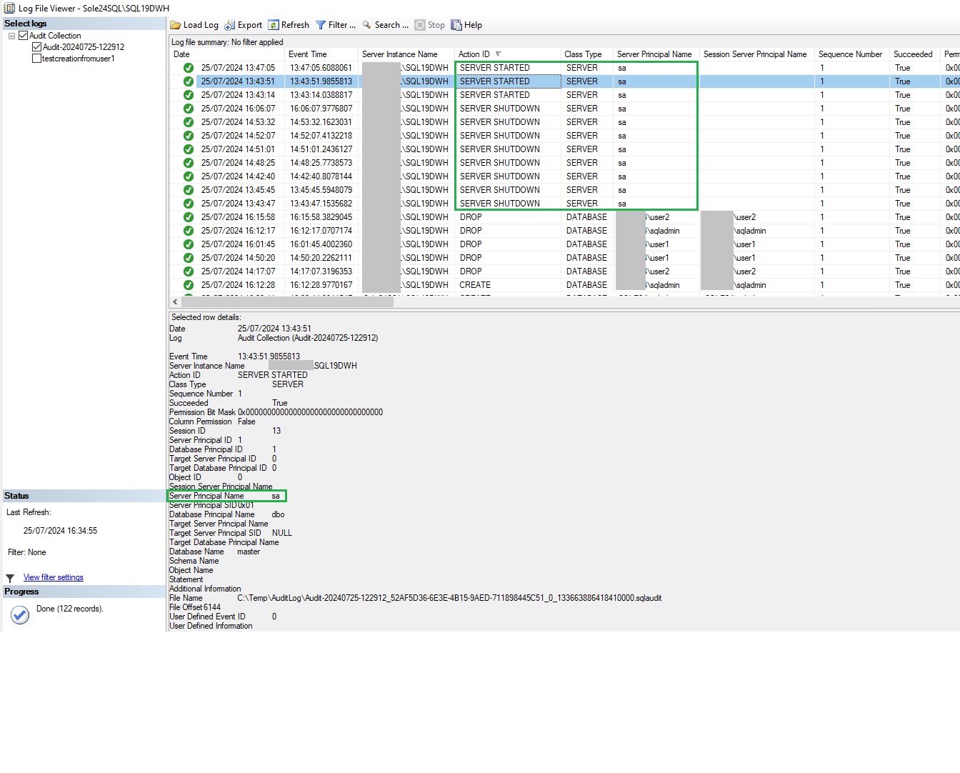SQL audit (Server audit specification > SERVER_STATE_CHANGE_GROUP) log ...