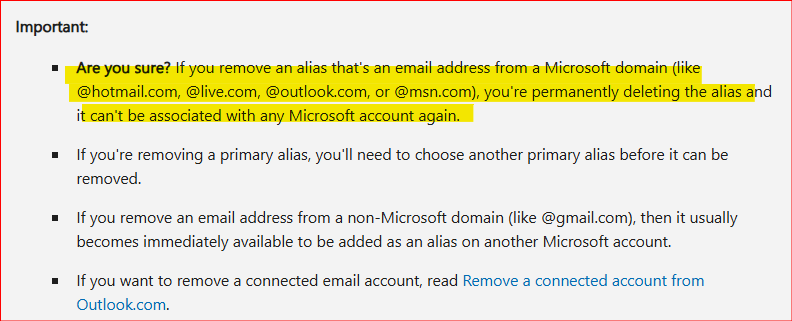Outlook.com alias stuck / primary alias lock / released alias cannot be ...