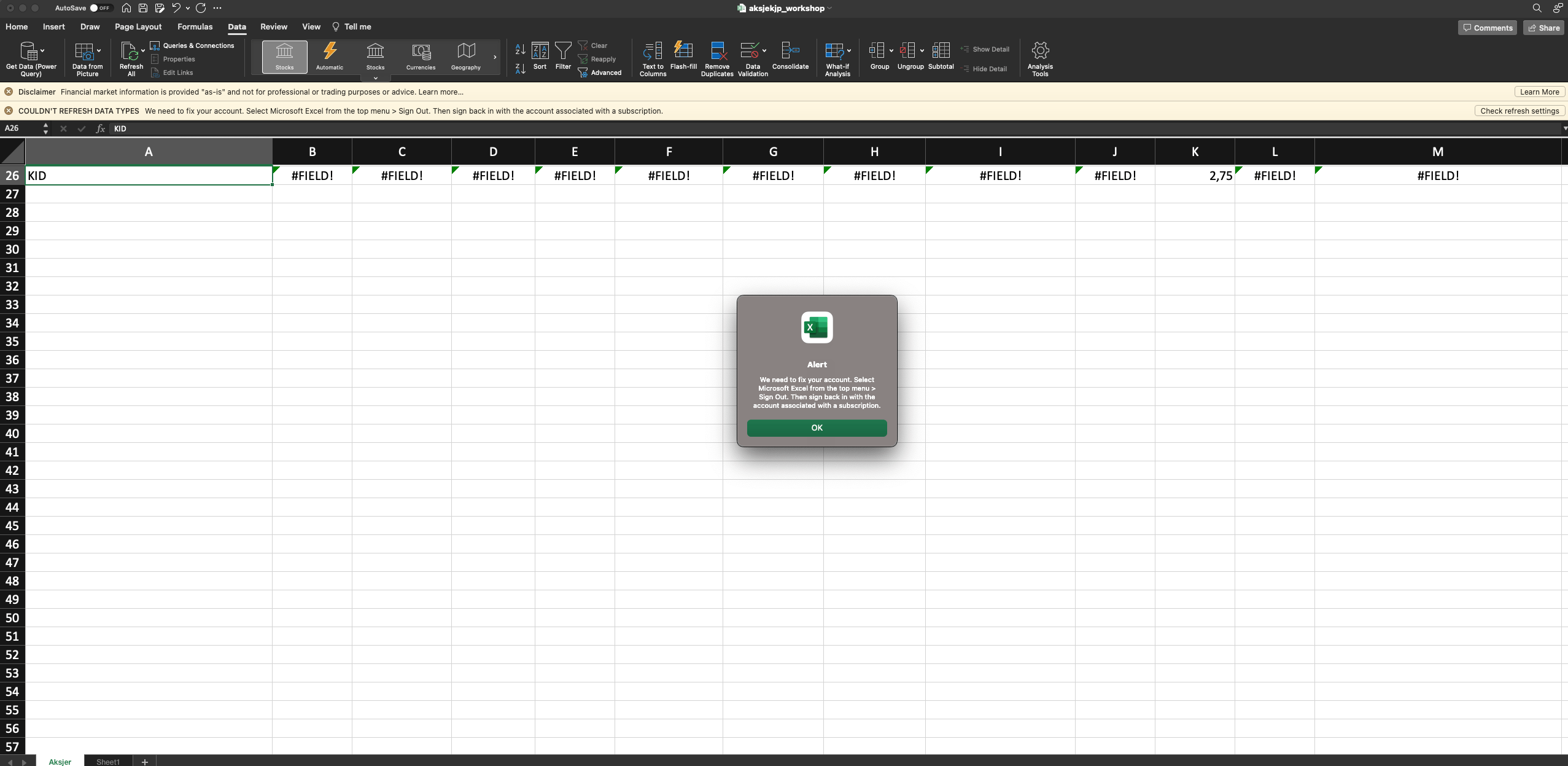 We need to fix your account in Office 365 Excel on Mac - Microsoft Q&A
