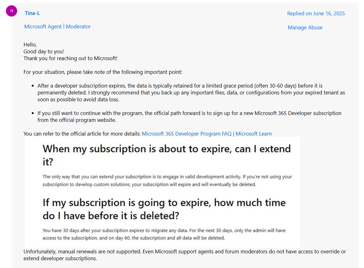 Microsoft 365 Developer Subscription Not Renewing Despite Active Usage ...