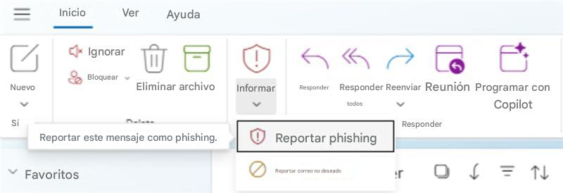 InicioVerAyudaIgnorarNuevoBloquearEliminar archivoInformarResponderResponder ReenviarReuniónProgramar con CopilottodosSíReportar este mensaje como phishing.!Reportar phishingResponderFavoritosReportar correo no deseadoN