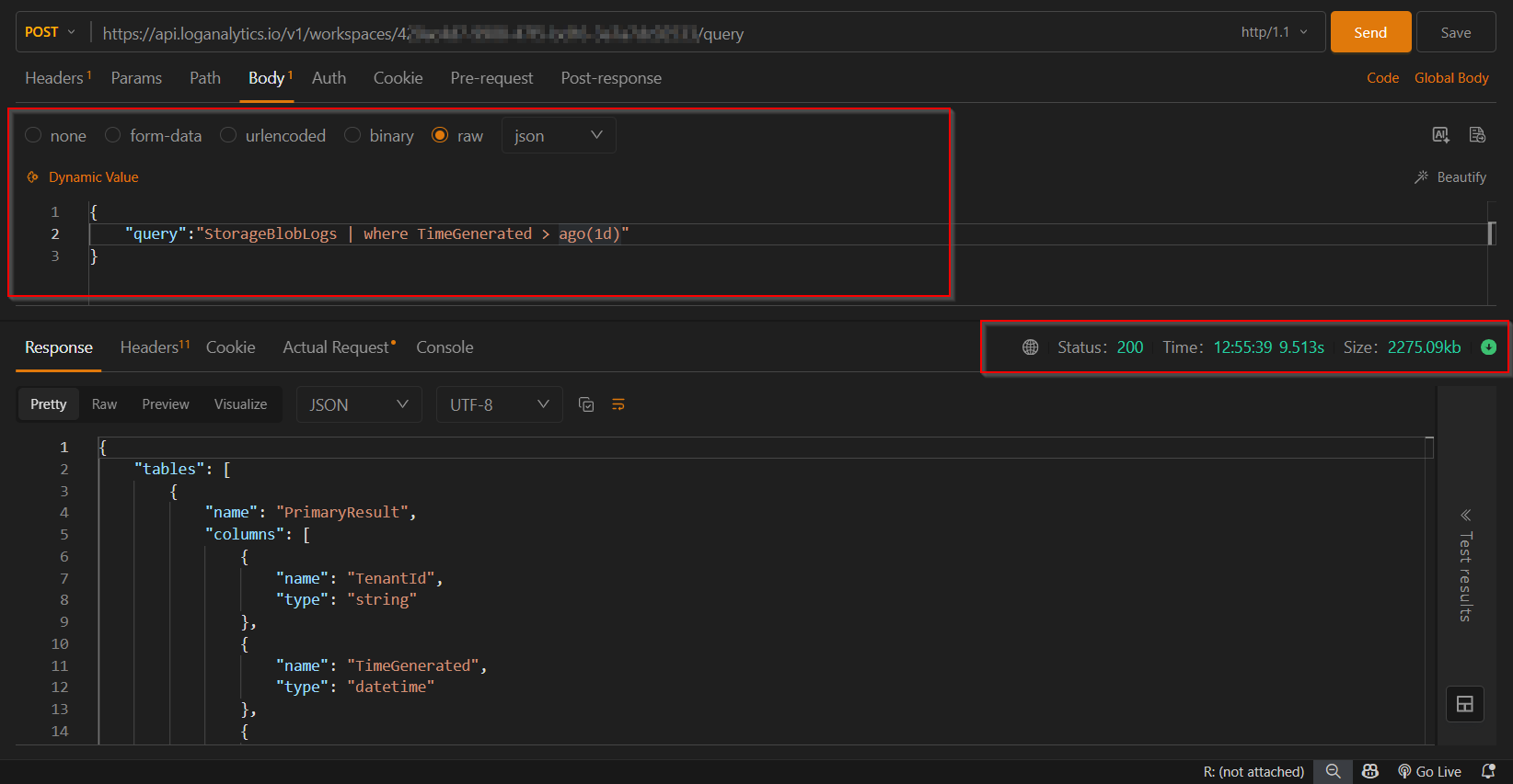 Unable to access StorageBloblogs data via Log Analytics API via Postman ...