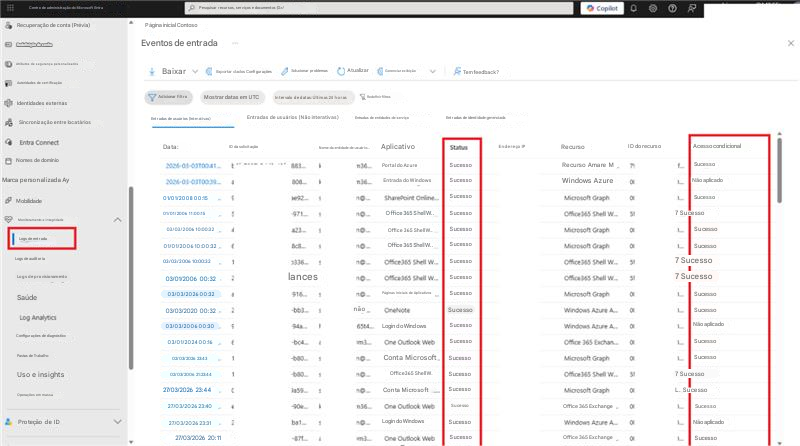 Centro de administração do Microsoft EntraRecuperação de conta (Prévia)Redefinição de senhaPesquisar recursos, serviços e documentos (G+/Página inicial ContosoEventos de entradaCopilotAtributos de segurança personalizadosBaixarExportar dados ConfiguraçõesSolucionar problemasAtualizarGerenciar exibiçãoTem feedback?Autoridades de certificaçãoAdicionar filtroMostrar datas em UTCIdentidades externasSincronização entre locatáriosEntradas de usuários (Interativas)Intervalo de datas: Últimas 24 horasEntradas de usuários (Não interativas)Redefinir filtrosEntradas de entidades de serviçoEntradas de identidade gerenciadaEntra ConnectData:ID da solicitaçãoNome da entidade de usuário...Nomes de domínio2006-01-0370DT36AplicativoPortal do AzureStatusEndereço IPRecursoID do recursoSucessoRecurso Amare MMarca personalizada Ay2004-01-01100:30800Entrada do WindowsSucessoWindows AzureLMobilidade01/01/2008 00:151921SharePoint OnlineSucessoMicrosoft GraphLAcesso condicionalSucessoNão aplicadoSucesso01/01/2006 11:00:15971Office 365 Shell W..SucessoOffice 365 Shell w..7 SucessoMonitoramento e integridade03/03/2006 10:00:32421Office 365 Shell W..SucessoMicrosoft GraphLSucessoLogs de entrada01/01/2006 10:00:32Office 365 Shell W..SucessoMicrosoft GraphLSucessoLogs de auditoria03/03/2006 10:00:3213361Office 365 Shell W..SucessoOffice 365 Shell w..7 SucessoLogs de provisionamento03/01/2006 00:32lancesOffice365 Shell W..SucessoOffice 365 Shell W...7 Sucesso03/03/2026 00:32916SaúdePáginas Iniciais de AplicativosSucessoMicrosoft GraphLSucesso03/03/2020 00:32bonãoOneNoteSucessoWindows Azure ALSucessoLog Analytics03/03/2006 00:30546564Login do WindowsSucessoWindows Azure ALNão aplicadoConfigurações de diagnóstico03/01/2024 00:16One Outlook WebSucessoOffice 365 ExcLSucessoPastas de Trabalho02/03/2026 23:43600Conta MicrosoftSucessoMicrosoft GraphLSucessoUso e insights02/03/2006 21:23:44000Office365 Shell W.27/03/2026 23:44SucessoConta MicrosoftSucessoOffice 365 Shell W.. 317 SucessoMicrosoft GraphL. SucessoOperações em massa27/03/2026 23:409036One Outlook WebSucessoOffice 365 ExchangeSucessoProteção de ID27/03/2026 23:31batLogin do WindowsSucesso27/03/2026 20:11One Outlook WebSucessoOffice 365 ExchangeWindows Azure A OLNão aplicadoSucessoX