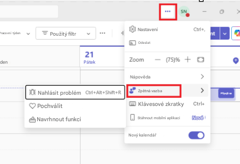 SNPracovní týdenPoužitý filtrNastaveníCtrl+,htden...21PátekOdeslat...Zoom-(75)%+Nápověda>Nahlásit problémCtrl+Alt+Shift+RZpětná vazba>Připojit sePochválitKlávesové zkratkyCtrl+Navrhnout funkciStáhnout mobilní aplikaciNovéNový kalendář+
