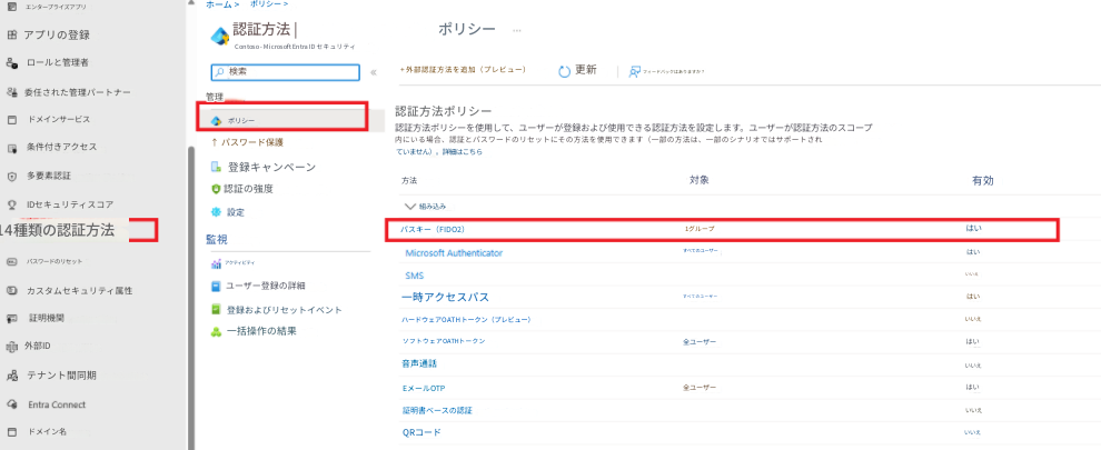 エンタープライズアプリホーム >ポリシー >アプリの登録認証方法 |ポリシーContoso - Microsoft Entra ID セキュリティロールと管理者検索+ 外部認証方法を追加（プレビュー）更新フィードバックはありますか？委任された管理パートナー管理ドメインサービスポリシー認証方法ポリシー条件付きアクセス↑ パスワード保護認証方法ポリシーを使用して、ユーザーが登録および使用できる認証方法を設定します。ユーザーが認証方法のスコープ内にいる場合、認証とパスワードのリセットにその方法を使用できます（一部の方法は、一部のシナリオではサポートされていません）。詳細はこちら多要素認証登録キャンペーン方法認証の強度IDセキュリティスコア設定組み込み対象有効はい14種類の認証方法監視パスキー（FIDO2）1グループパスワードのリセットアクティビティMicrosoft AuthenticatorはいSMSいいえすべてのユーザーカスタムセキュリティ属性ユーザー登録の詳細一時アクセスパスすべてのユーザーはい証明機関登録およびリセットイベントハードウェアOATHトークン（プレビュー）いいえ一括操作の結果ソフトウェアOATHトークン全ユーザーはい外部ID音声通話いいえテナント間同期EメールOTP全ユーザーはいEntra Connect証明書ベースの認証いいえドメイン名QRコードいいえ