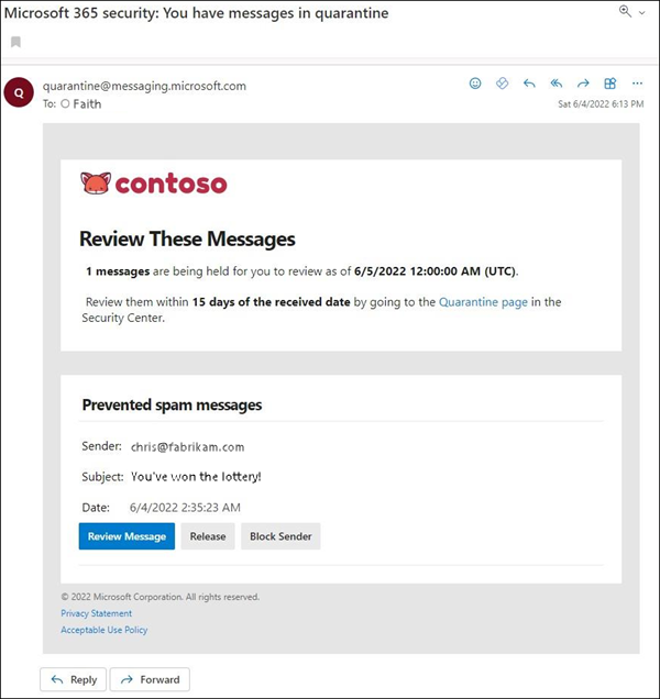 The example of a quarantine notification