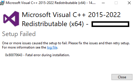 I am getting an error while installing Microsoft visual C++ 2015-2019 ...