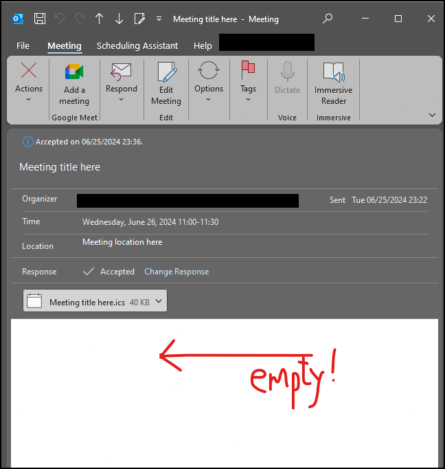 Emails with .ICS calendar invitations attached don't contents when ...