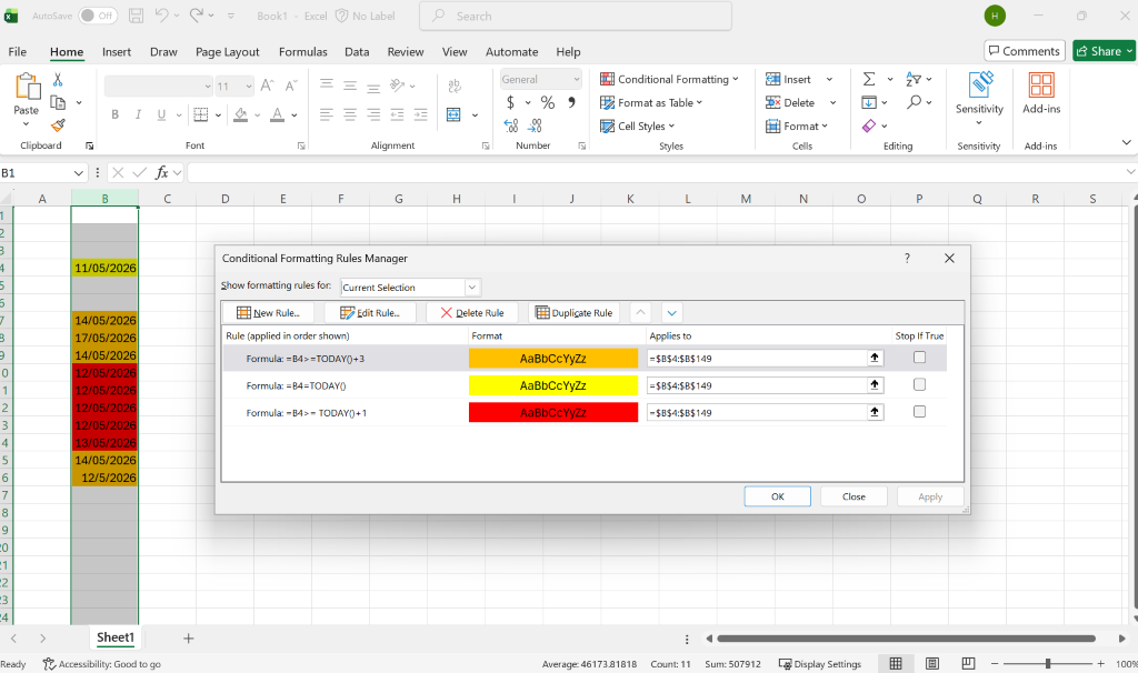 Conditional formatting based on dates is working for some cells and not ...