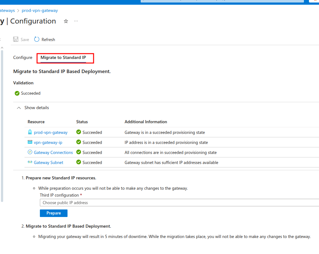 Migration from Basic Public IP (Dynamic) to Standard IP on VPN