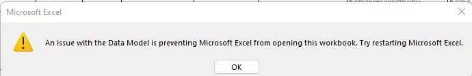 An issue with the data model is preventing microsoft excel from opening ...