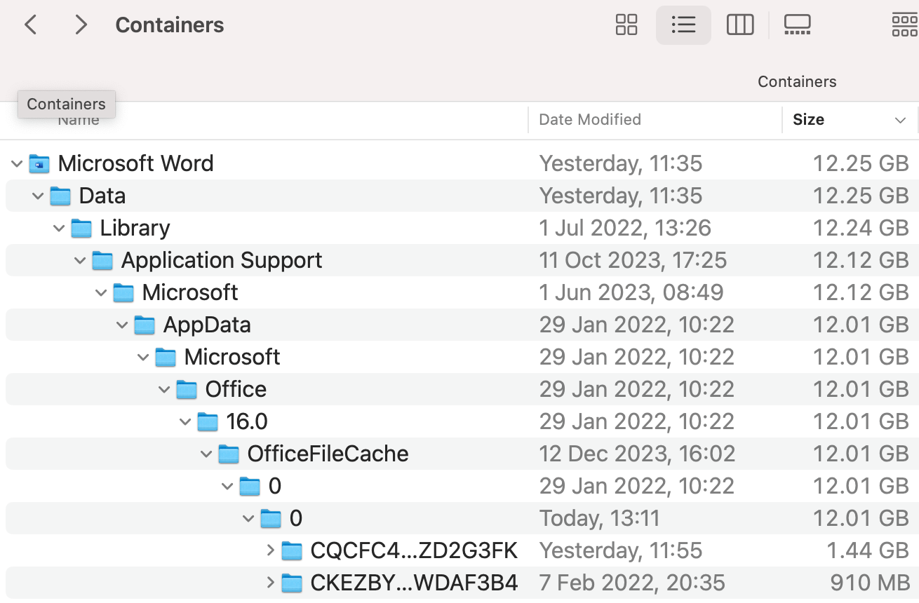 Mac OS. The Microsoft Word Cache in the Container folder is 12 GB. Is ...
