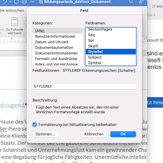 Office 365/Word/ Überschriften in Kopfzeilen: Fehler! Es wurde kein ...
