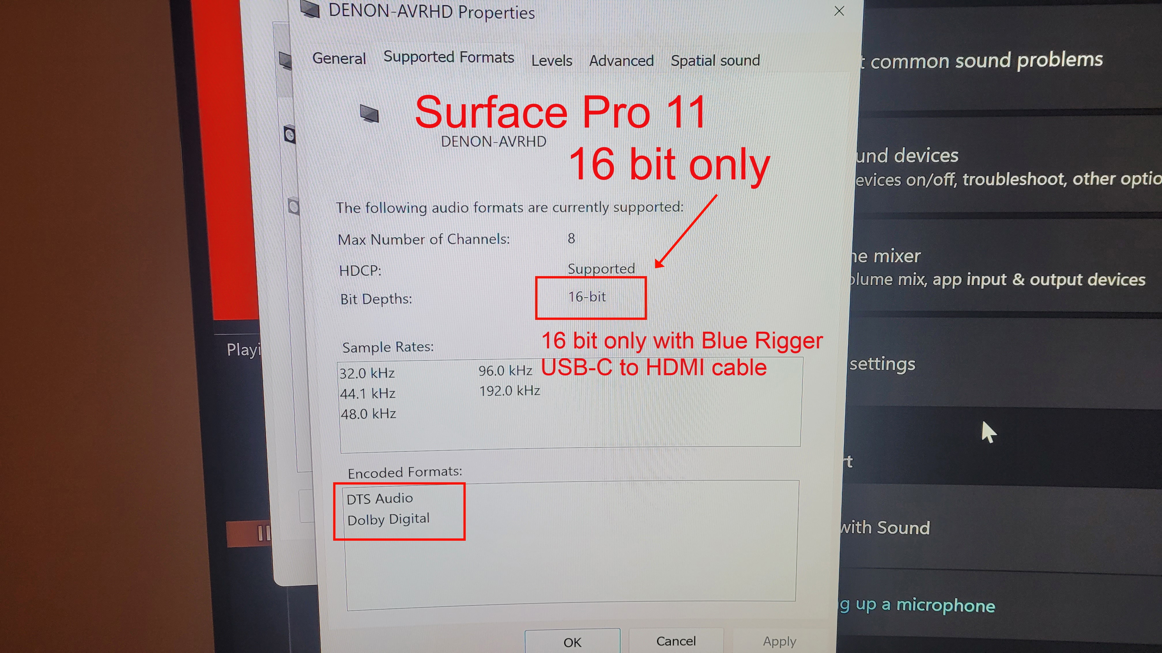 Surface Pro 11 With USBC to HDMI Blue Rigger cable 16bit only TEXT
