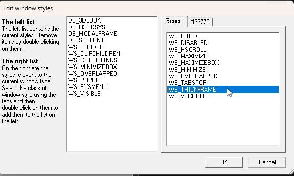 Wininspector - reminders window missing the thickframe style