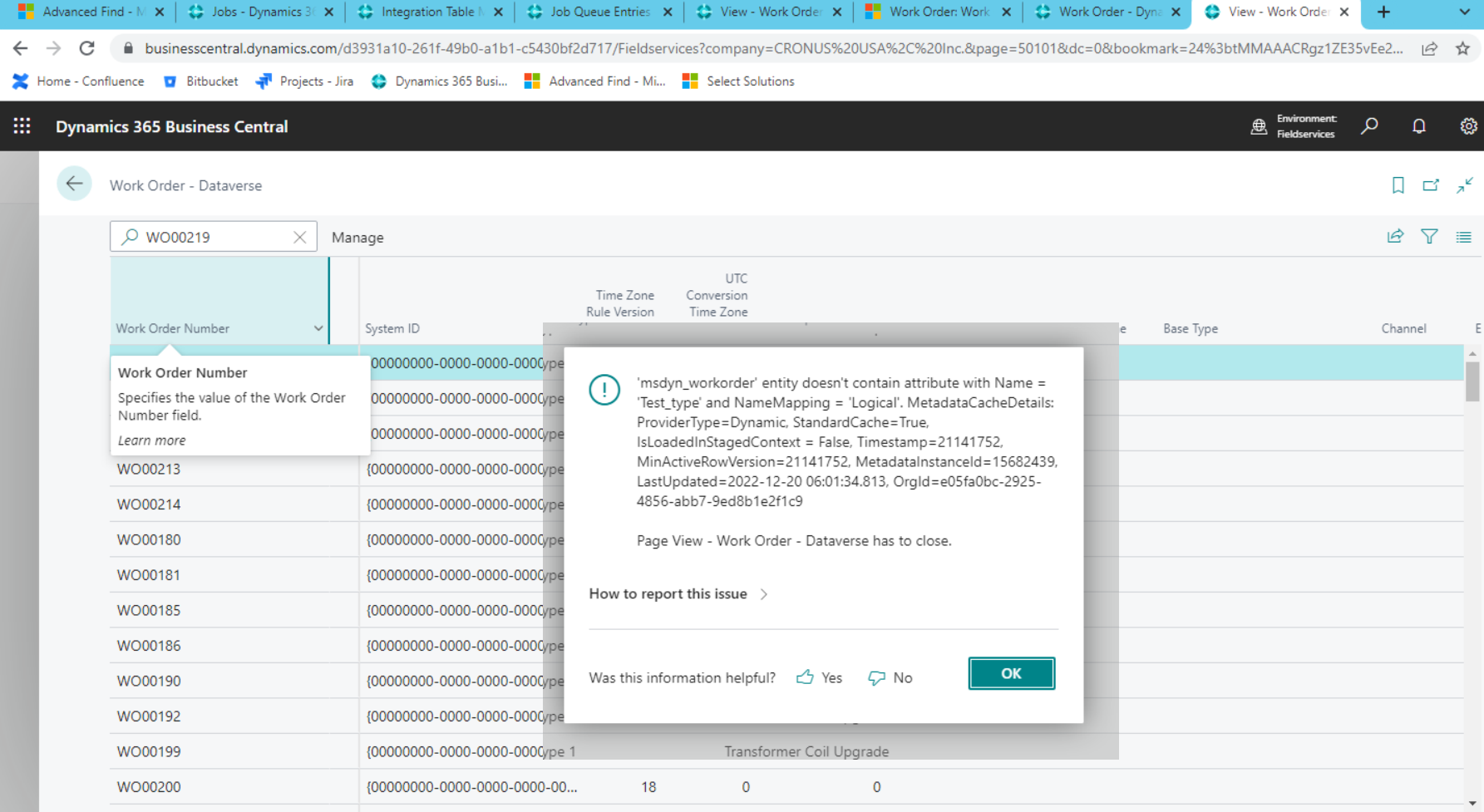 In Business Central error occurs when a user opens the “Work Order ...
