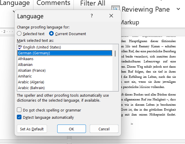MS Word - German text - current document