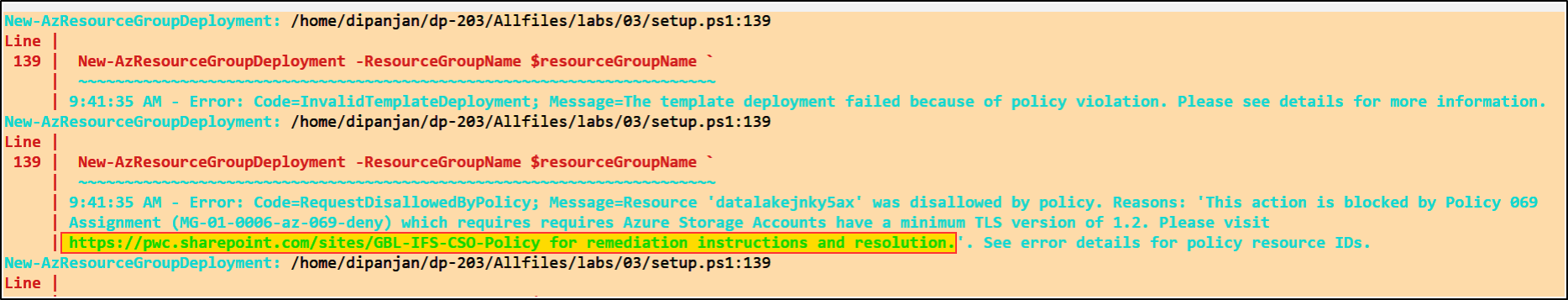 policy violation while running exercise for DP-203 - Microsoft Q&A