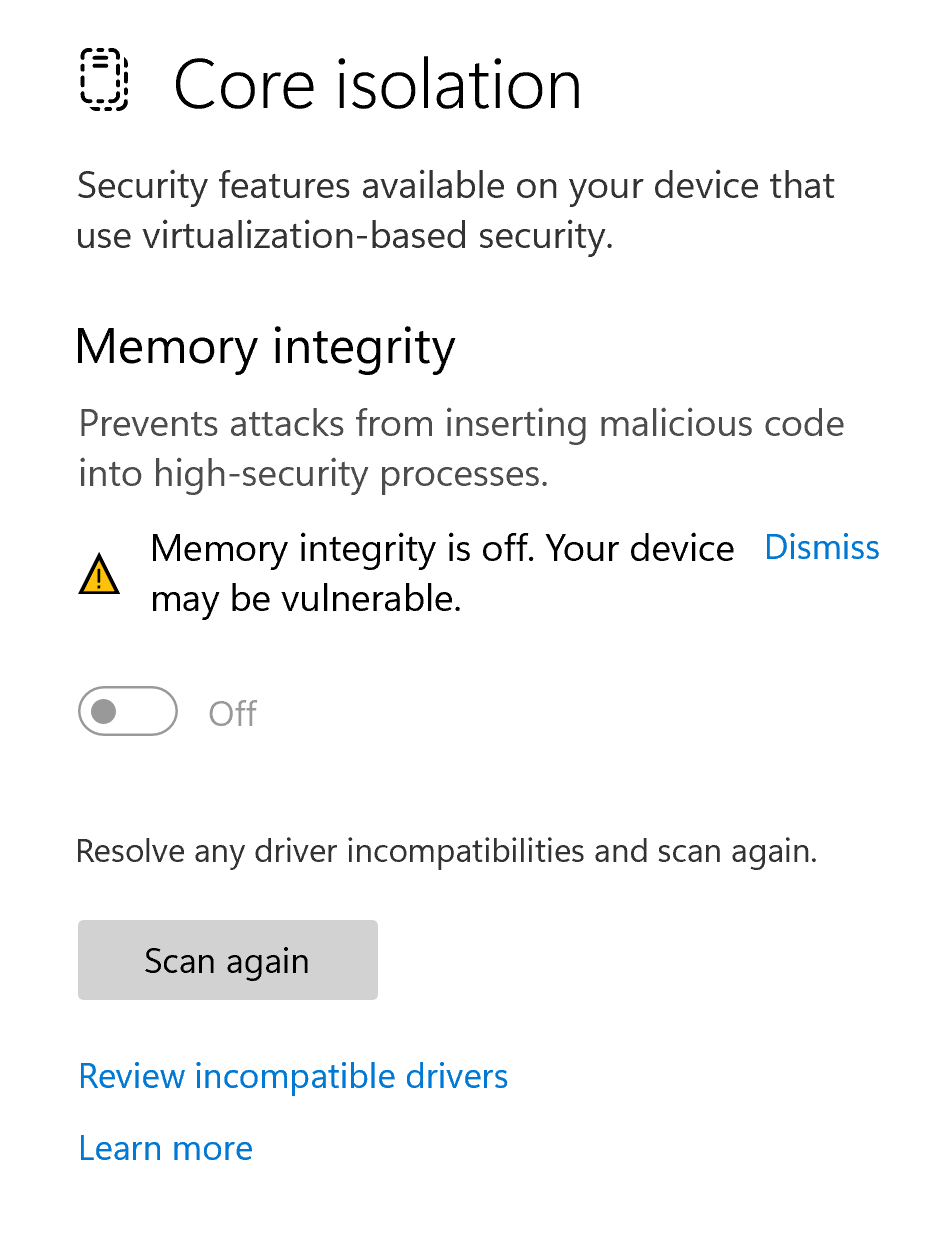 Memory integrity off due to Incompatible drivers - Microsoft Q&A