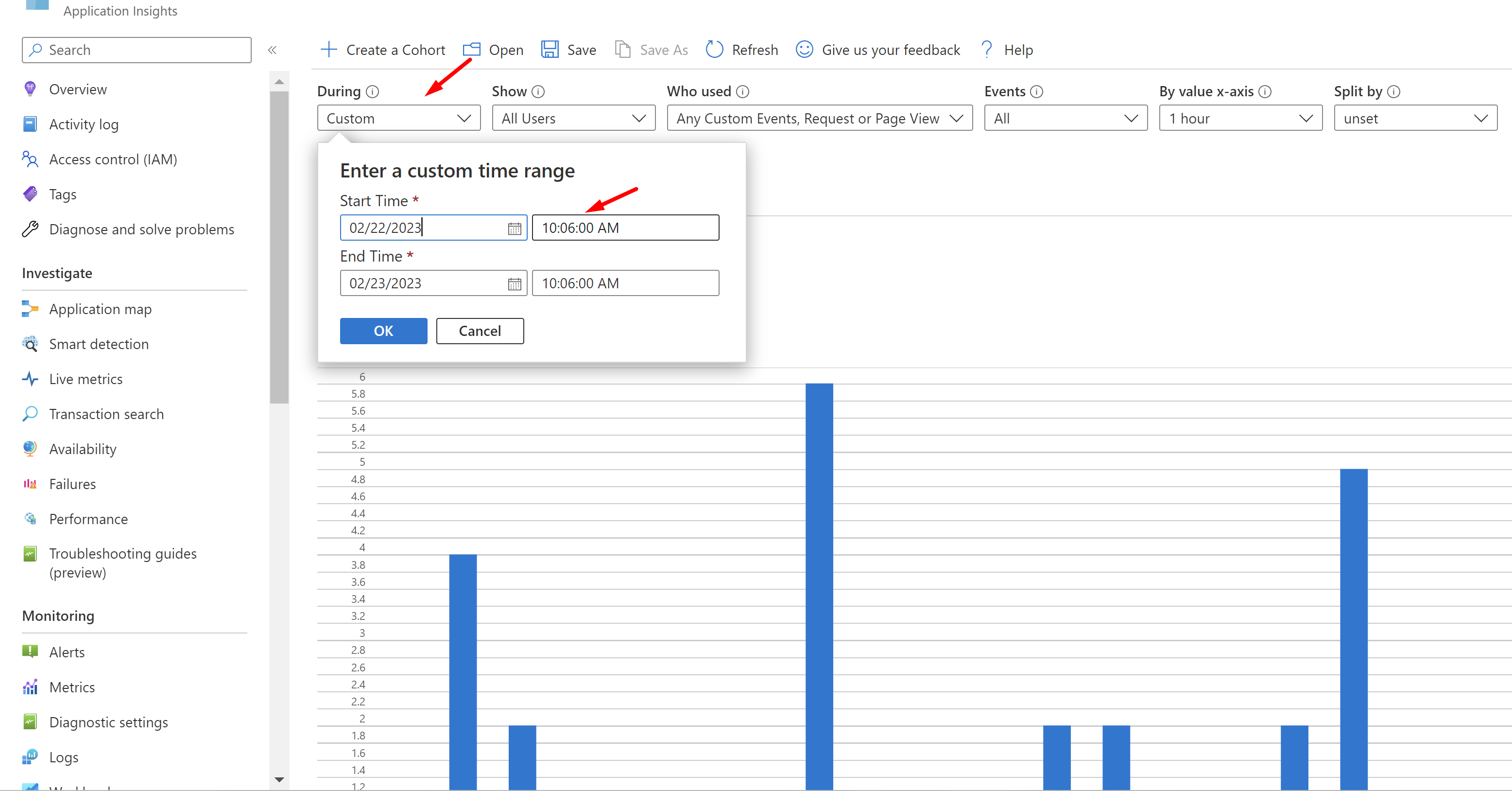 application-insights-i-am-not-able-to-set-a-custom-date-and-time-on