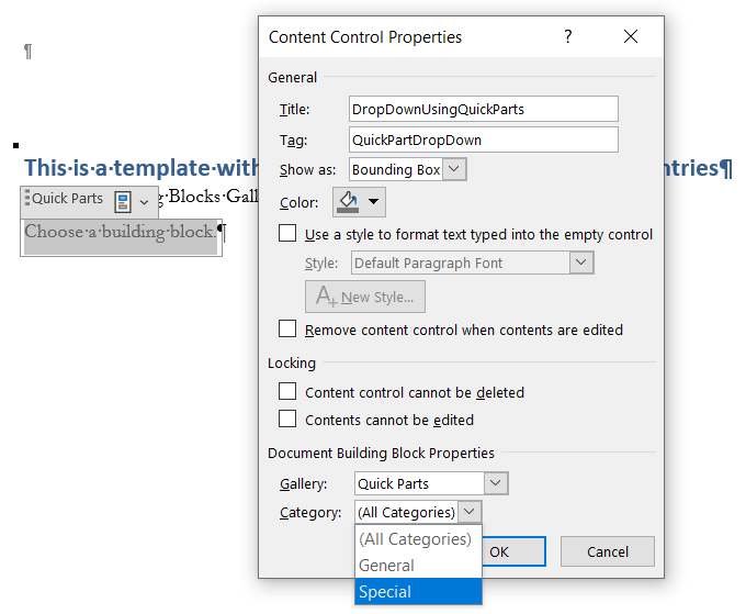 Drop-Down List Content Control that links to block of text based on ...