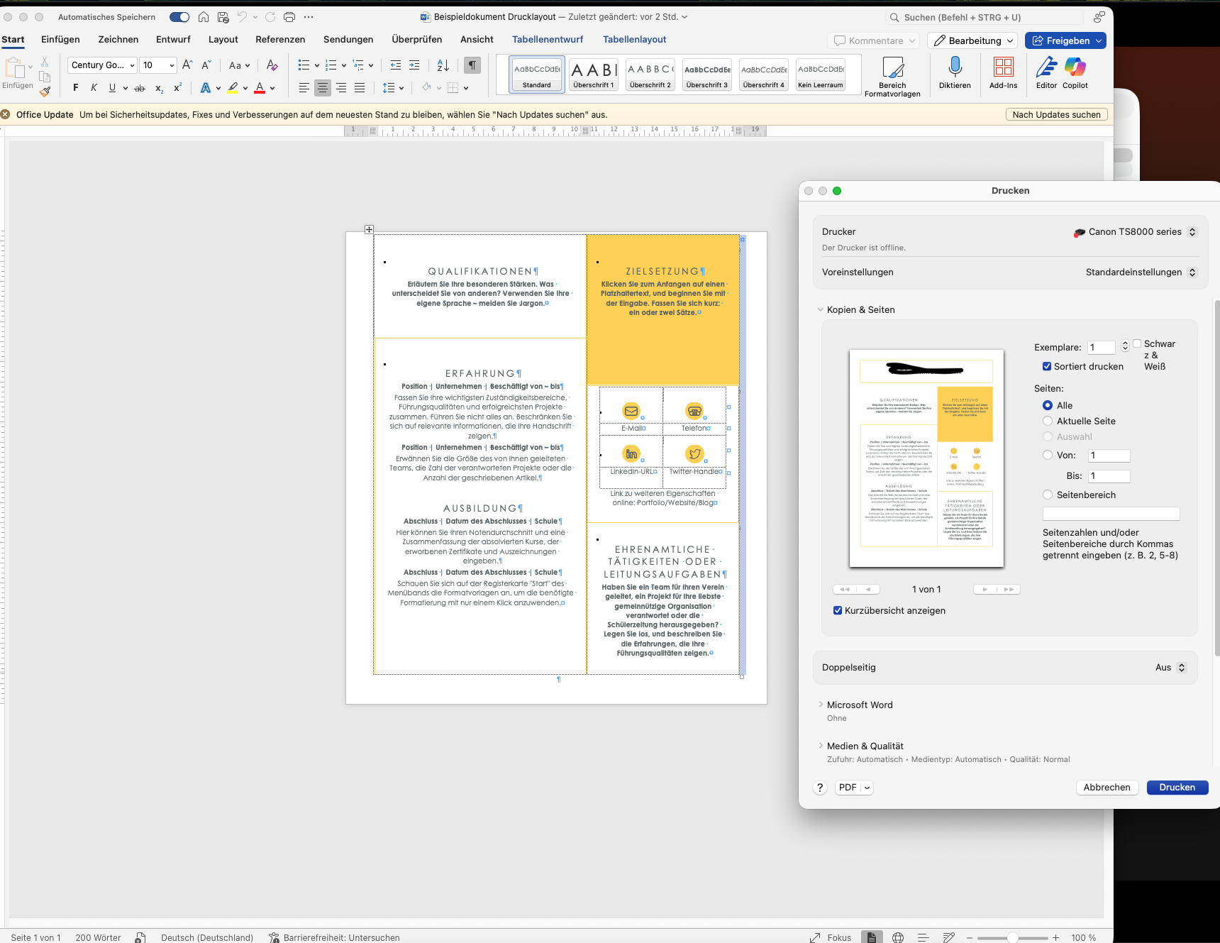 Word für Mac: Druckvorschau und Druck in Ordnung, aber Drucklayout in ...