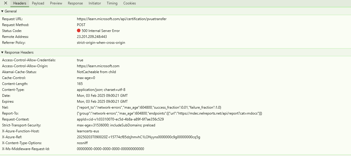 Error 500 when trying to log in to Pearson Vue via Microsoft learn ...