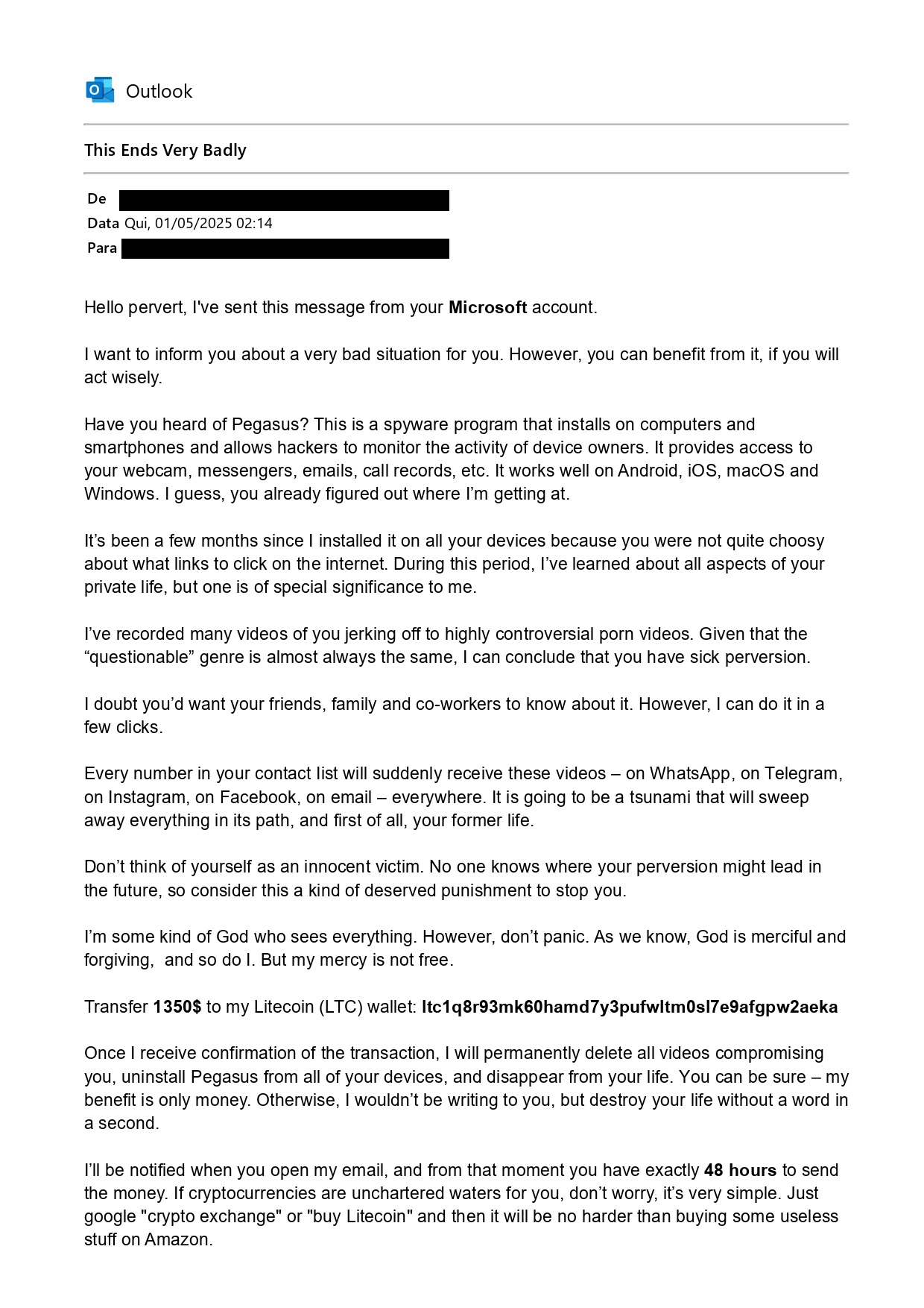 Recebi um e-mail de mim mesmo me ameaçando, devo tomar alguma atitude? -  Microsoft Q&A