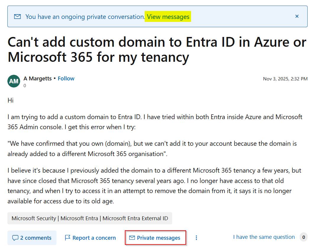 Can't add custom domain to Entra ID in Azure or Microsoft 365 for my ...