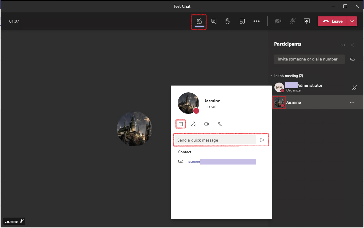 Microsoft Teams meeting participant list with a context menu option to chat with a participant.