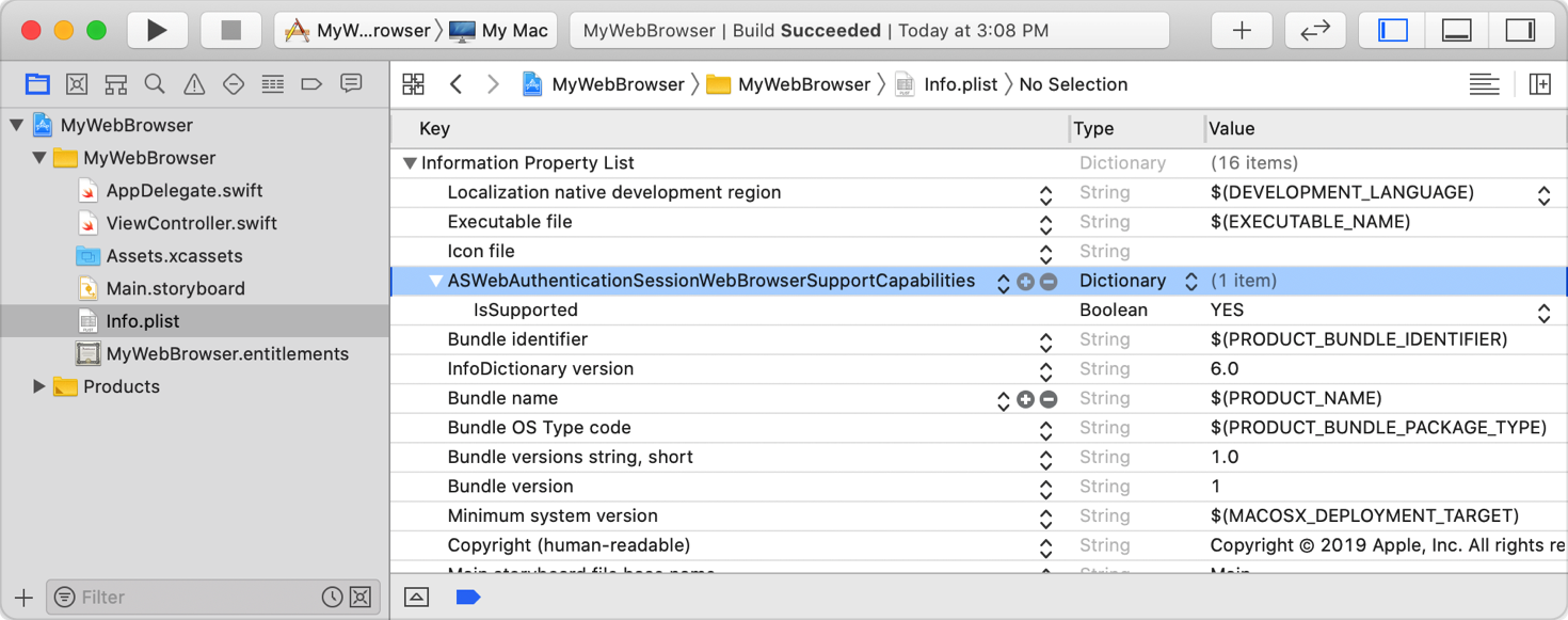 Screenshot of Xcode showing the web browser support capabilities property list key.