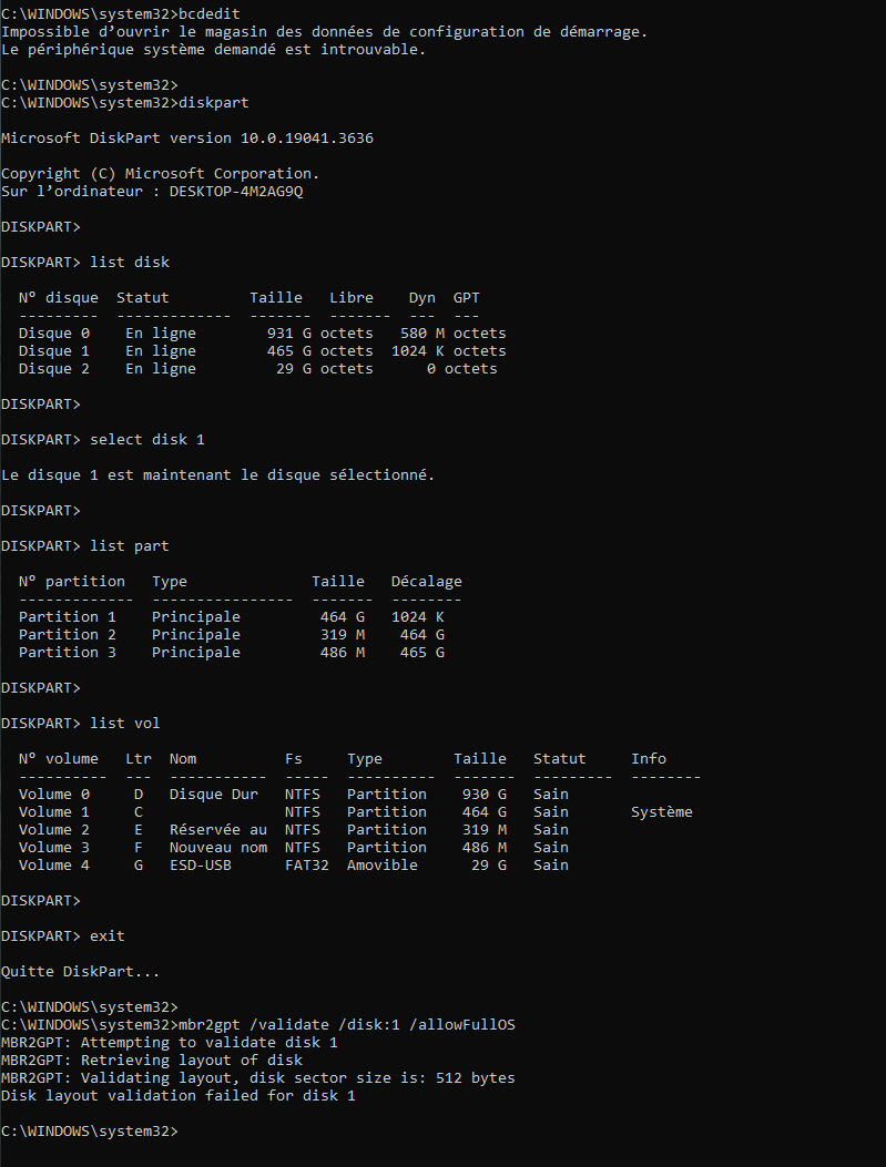 impossible de convertir mon disque dur du format MBR en format GPT ...