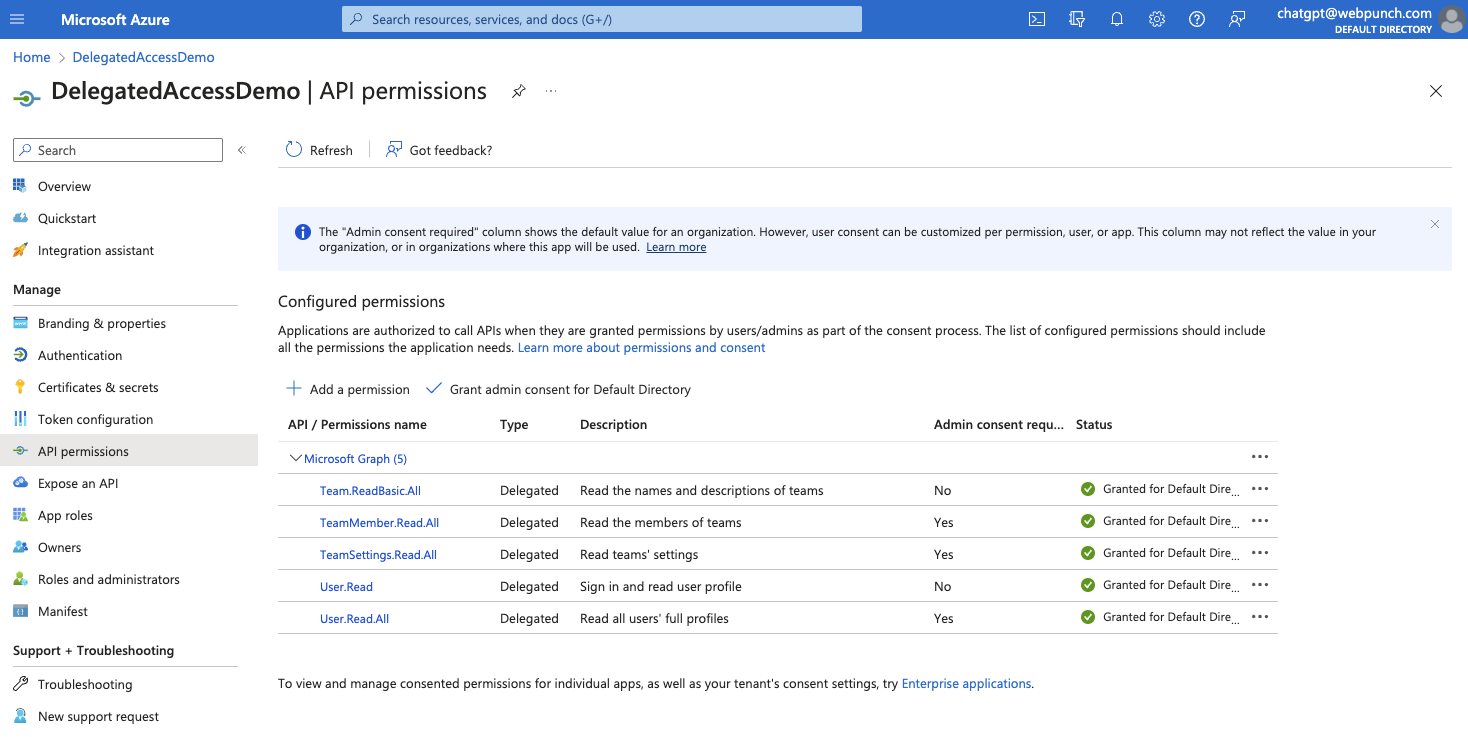 Problem with delegated permissions for a recently created application