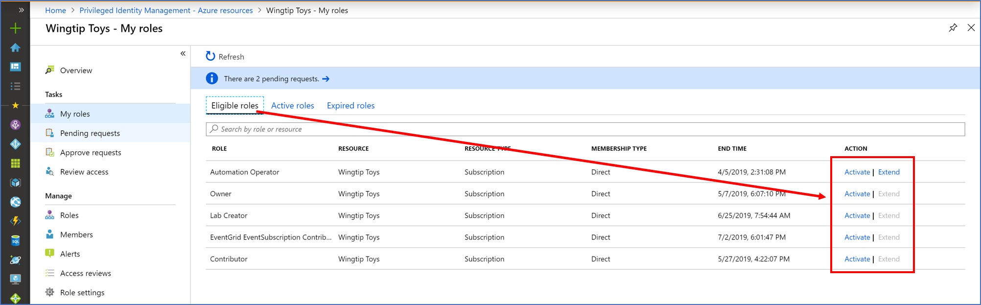 Azure resources - My roles page listing eligible roles with an Action column