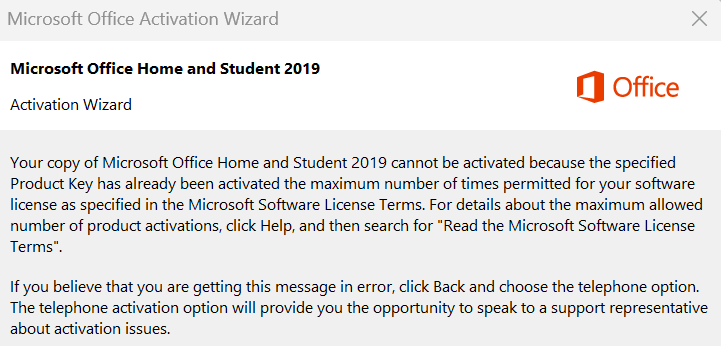 I am unable to activate office home & student 2019 on my new (another ...